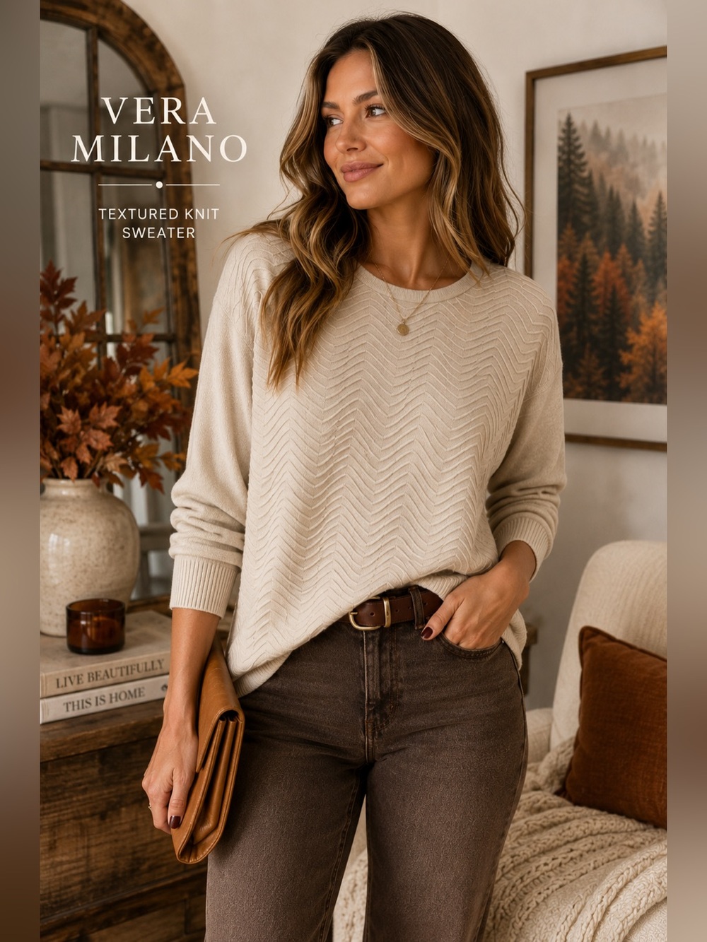 Vera Milano Textured Knit Sweater Women’s Large Beige Chevron Crew Neck